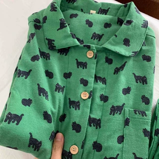 薄荷曼波小猫印花睡衣女款春秋磨毛长袖长裤大码家居服套装可外穿