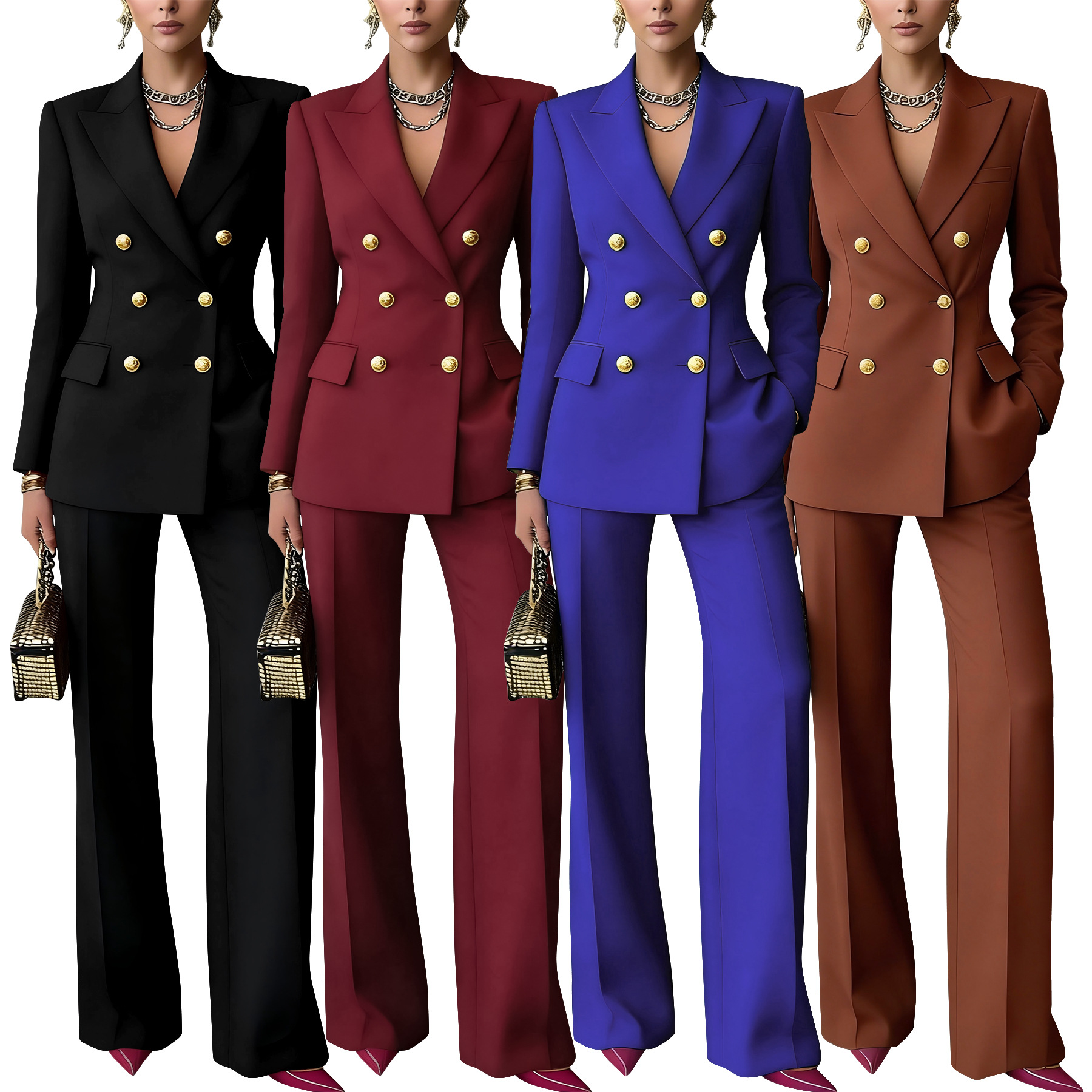 Women's Solid Color Button Suit Trousers Set With Lapel Professional_ecoleips.com