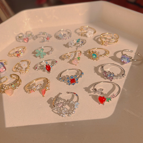 Japanese and Korean Flash Diamond Crystal Zircon Flower Ring Micro Inlaid Sweet Internet Celebrity Personality Heart Flower Open Finger Ring Hand Ornament 