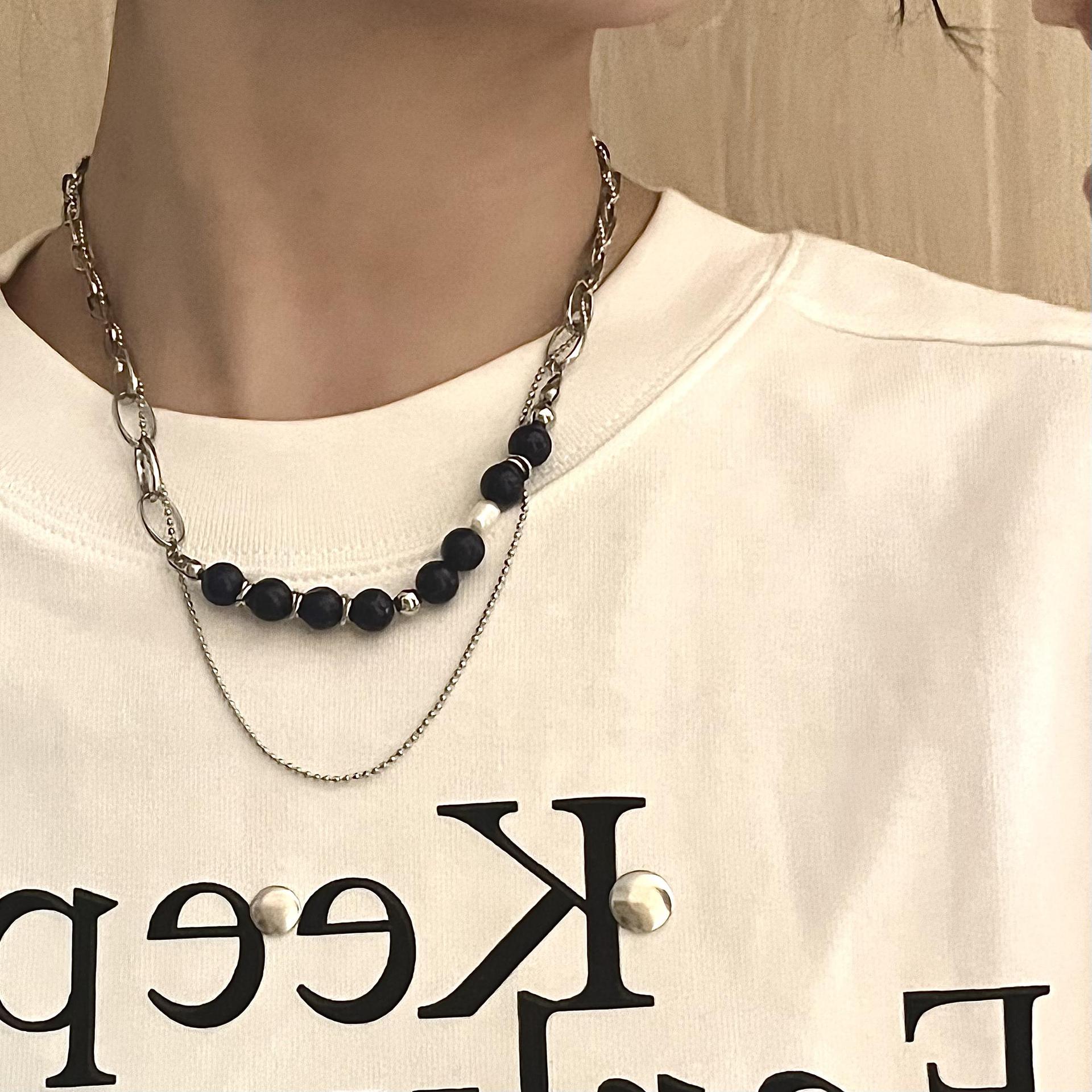 Black Pearl Simple Double-layer Stitching Non-fading Collarbone Stainless Steel Chain display picture 1