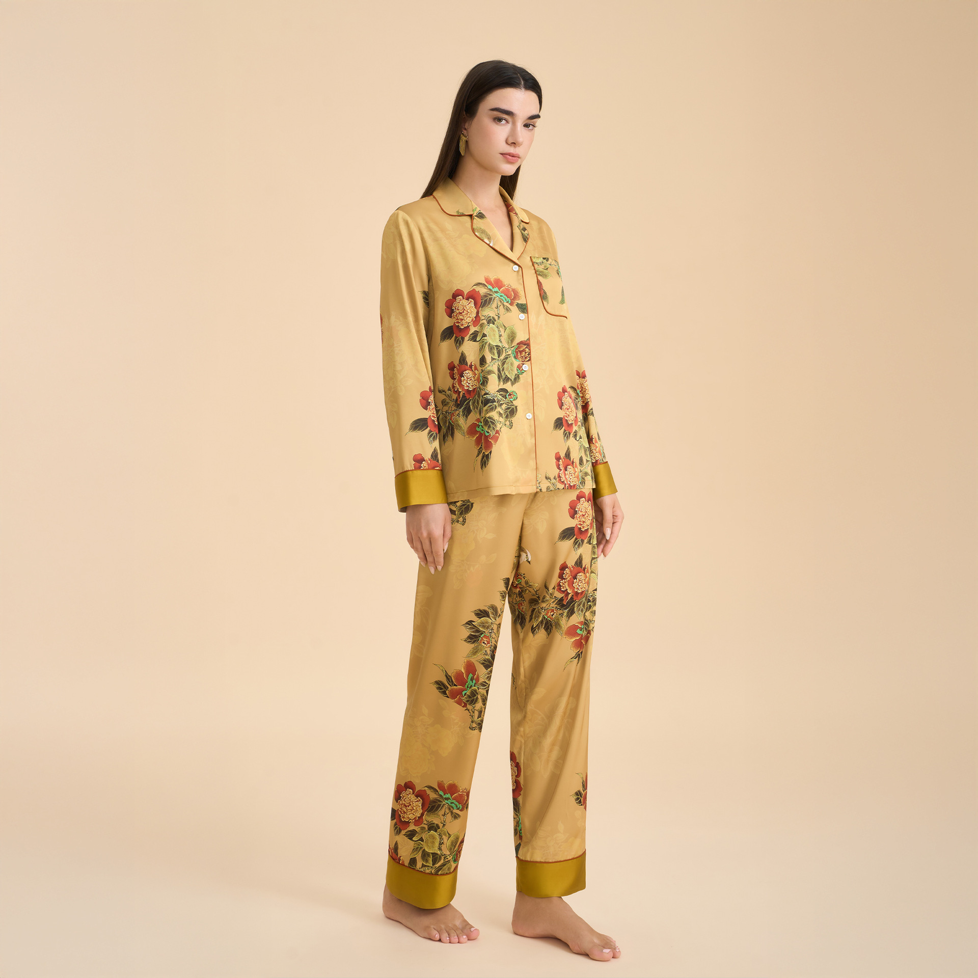Pijama floral elegante de primavera y otoño para mujeres pantalones de manga larga con solapa delgada ropa casera casual y cómoda TZ4001