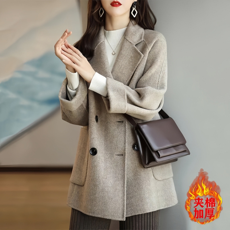 2025 Spring and Autumn New Korean Style Fashionable Herringbone Suit Collar Woolen Coat Mid-Length Woolen Coat for Women