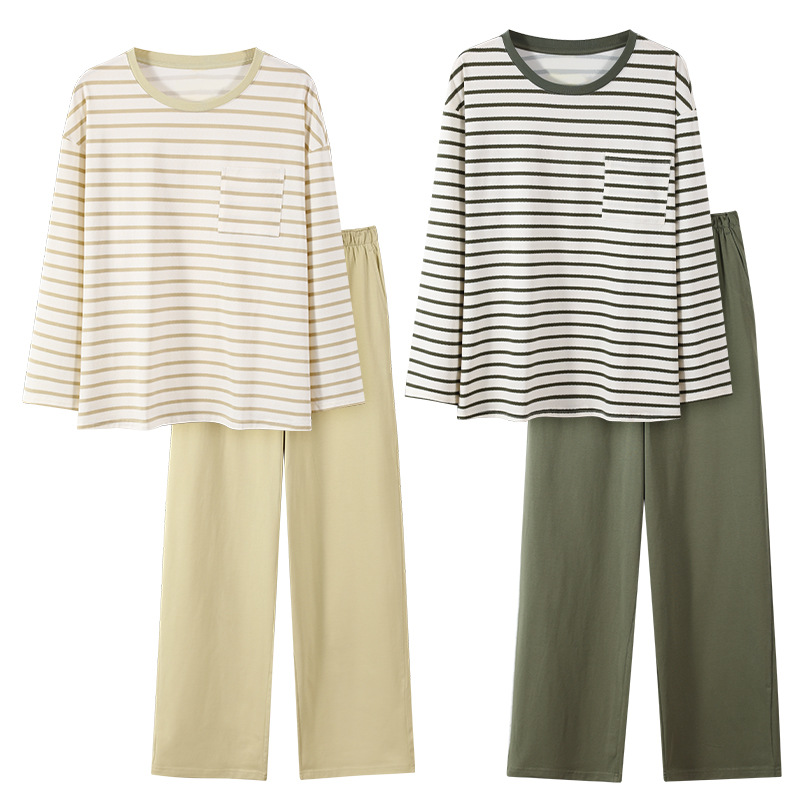 Pijamas de pareja de algodón primavera y otoño pantalones de mangas largas para hombres estriados ropa casera casual para mujeres primavera y otoño