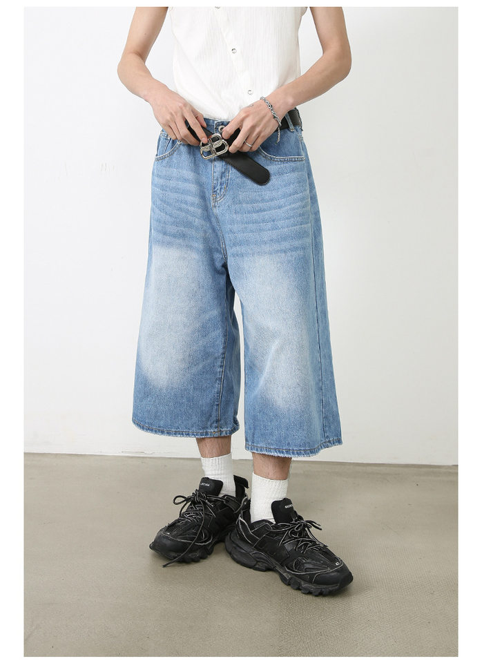 Quần short jean nữ ống rộng lửng cá tính phong cách đường phố — Làm cũ, Màu trắng, Rằn ri, Xanh lam cổ điển chi tiết 16