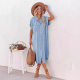 Amazon AliExpress New European and American Fashion Solid Color Denim Short Sleeve Long Split Shirt dress