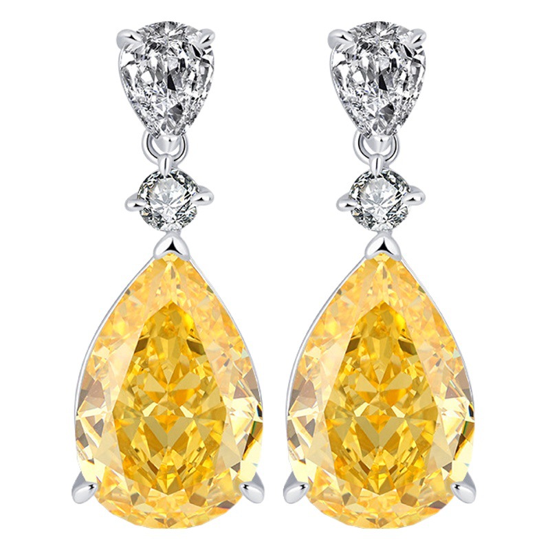Zhuang Shengsheng Jewelry S925 todo el cuerpo plata con alto contenido de carbono diamante atardecer amarillo pendiente de gota de agua de alta calidad pendiente mujer 12*18