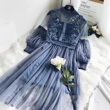 Hollow-Out Lace Three-Dimensional Floral Dreamy Mesh Elegant Stand-Collar Lantern Sleeve High-Waist Two-Piece Fairy Dress for Women Hollow-Out Lace Three-Dimensional Floral Dreamy Mesh Elegant Stand-Collar Lantern Sleeve High-Waist Two-Piece Fairy Dress for Women