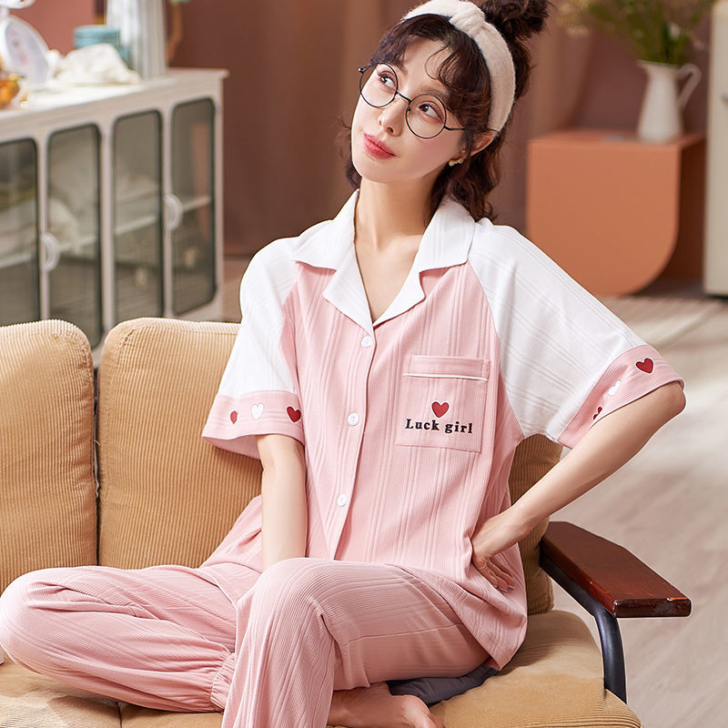 Pijamas de mujer de verano 100% algodón de manga corta pantalones de dos piezas conjunto de ropa de casa de las mujeres de primavera y otoño suelto se puede usar fuera