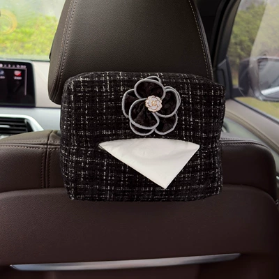 creative diamond-embellished camellia car tissue – Car tissue box/set - fabric-black-camellianew-chanel-style-tissue-box-black