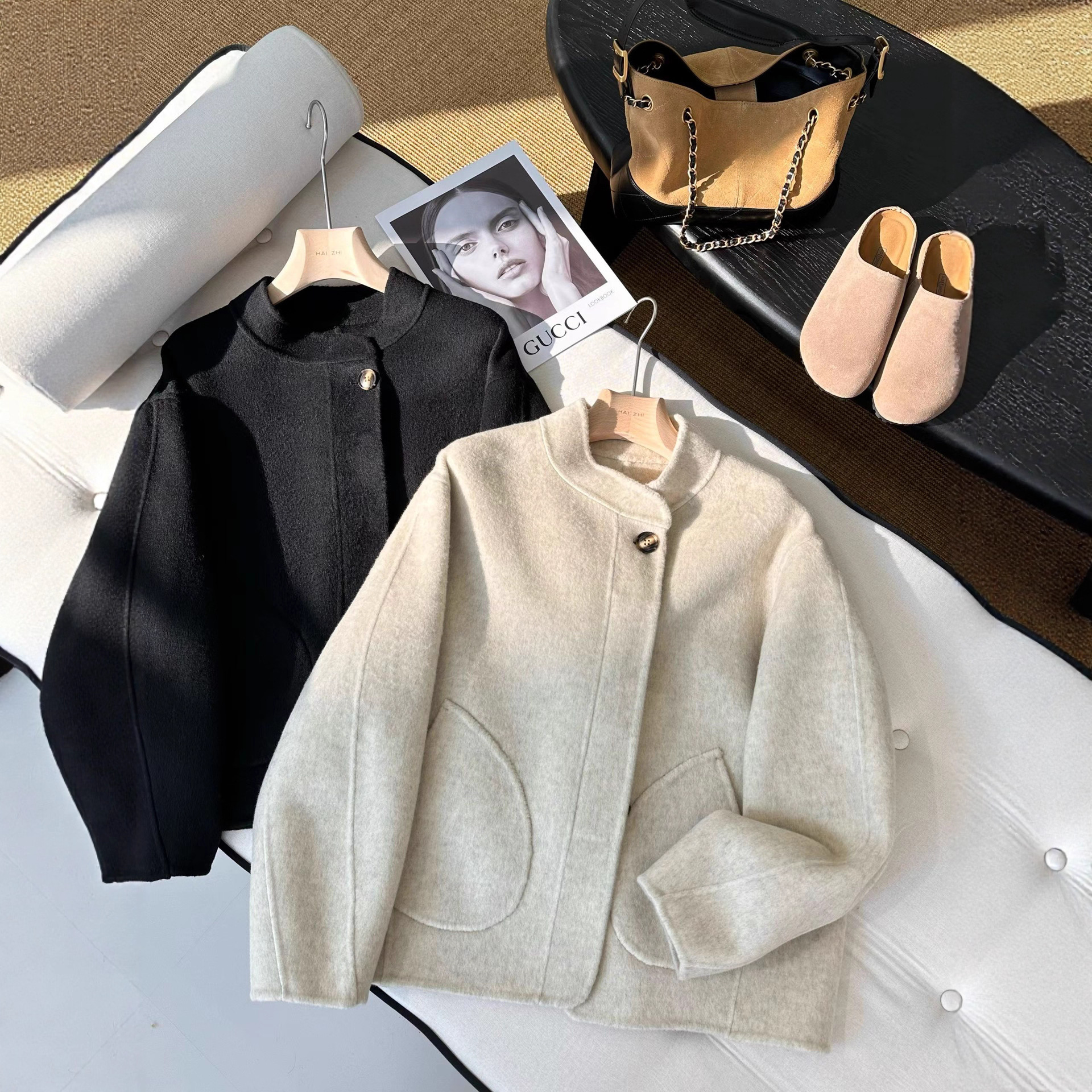 ! Light Luxury Style! French Style 80 Wool Lyocell Horn Button Stand Collar Short Woolen Coat