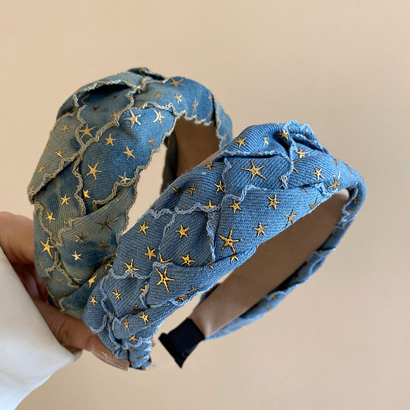 Fascia per capelli in denim con stelle, da donna, nuova fascia di alta qualità, fascia per capelli con pressione elevata del teschio, design alla moda, accessori per capelli versatili_voghion.com