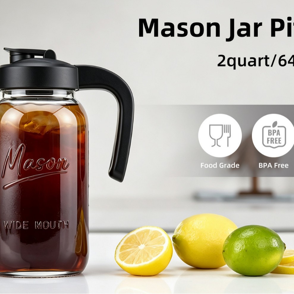 Tarro Mason para Bebidas con Asa de Vidrio de Boca Ancha 64oz 32oz para Jugos