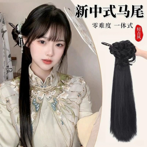 New Chinese style flower bud low ponytail wig for women, artificial hair can be matched with ancient Hanfu horse skirt, natural gripper fake braid