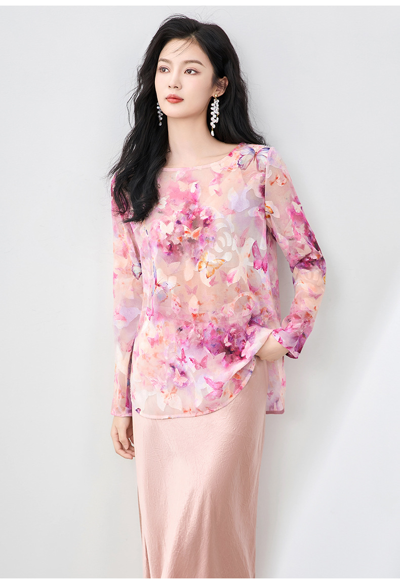 Áo sơ mi cổ tròn phong cách Tân Trung Hoa, chất liệu voan cắt hoa thanh lịch, tay ngắn mùa hè — Hoa bướm màu hồng chi tiết 15