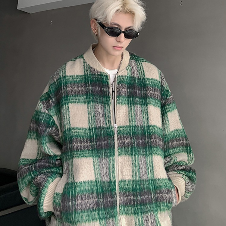 Versión coreana de la tendencia cleanfit marca de moda americano retro a cuadros camisa de lana chaqueta pequeña fragancia pareja