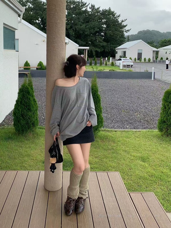 宽松慵懒松弛斜肩露肩条纹t恤女秋季套头圆领长袖上衣|undefined