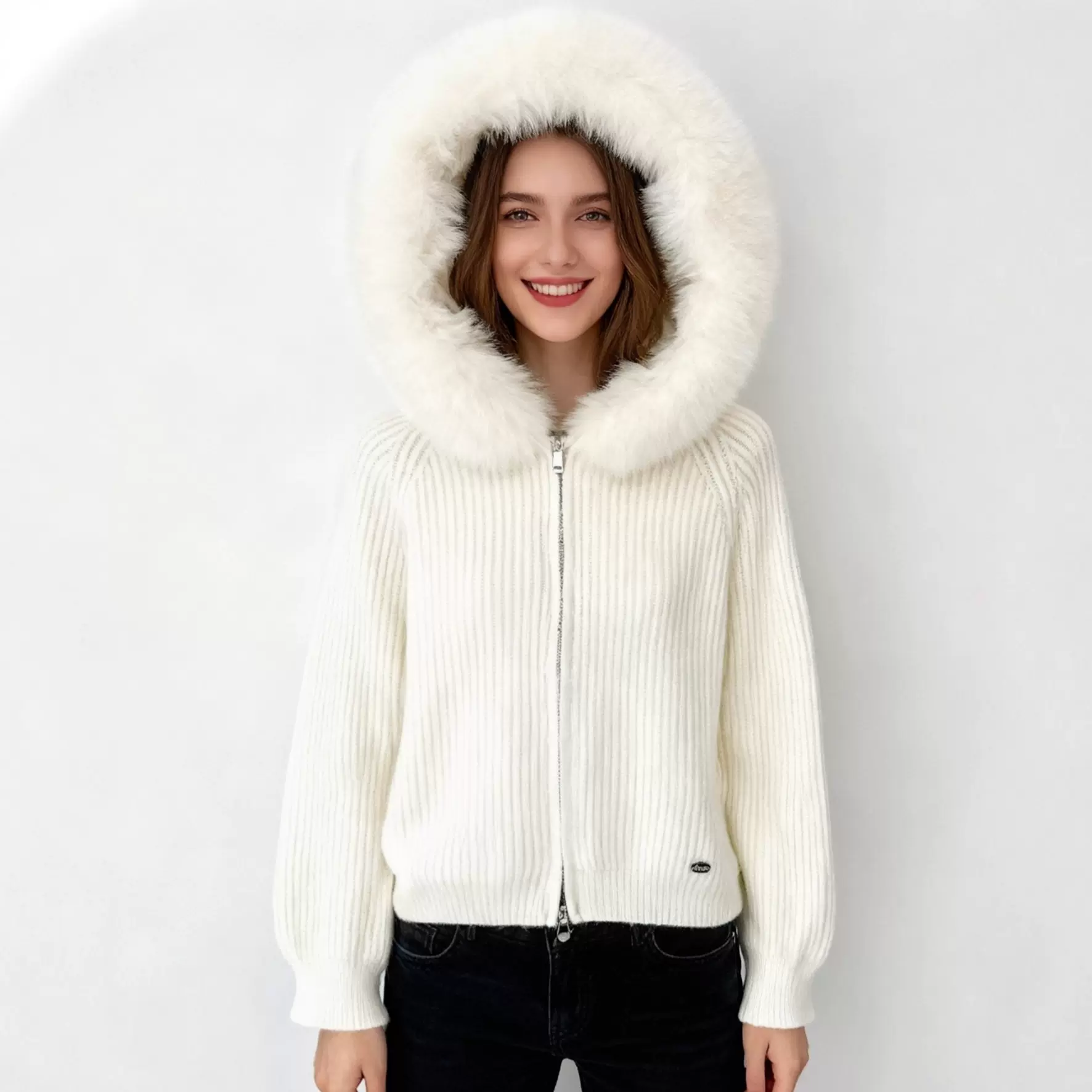 毛领连帽开衫秋冬慵懒风加厚毛衣外套女新款显瘦设计感针织衫上衣