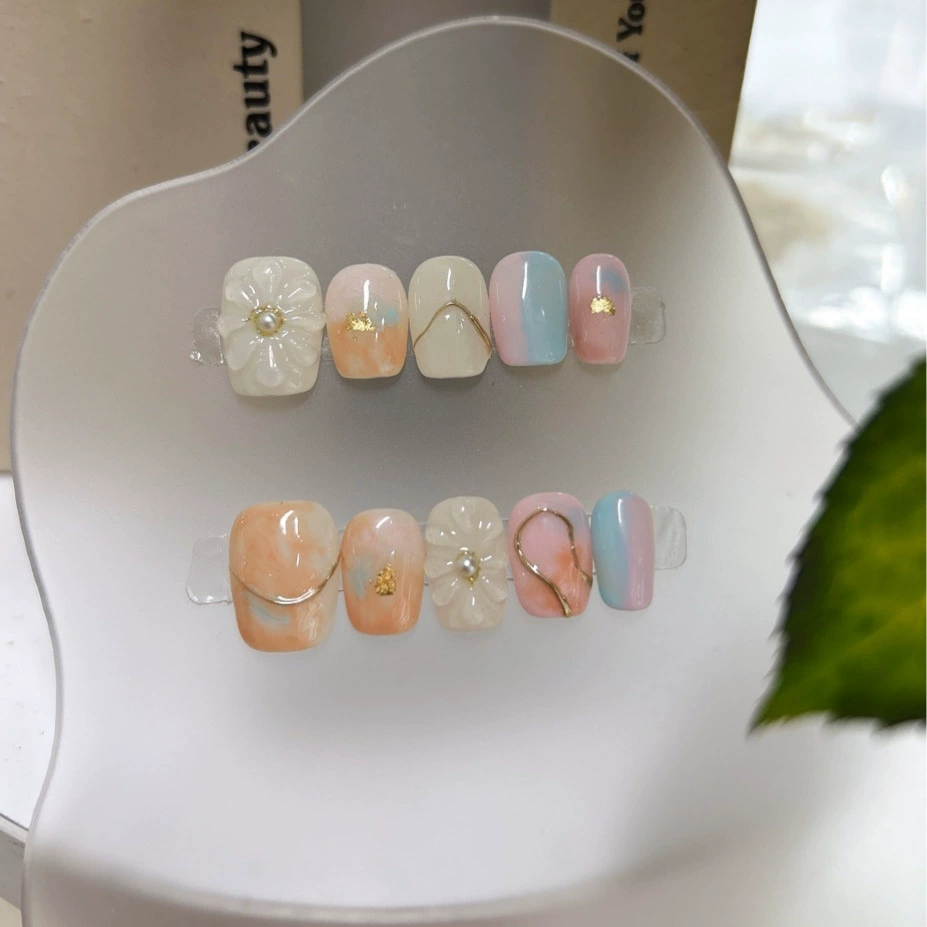 [Маникюр с большим цветком] Носимые ногти ручной работы Весна и лето Новые радужные конфеты повседневный отбеливающий размазанный маникюр Короткий стиль