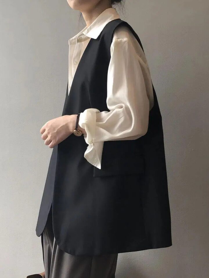Áo vest nữ dáng rộng cỡ lớn phối lớp phong cách thanh lịch, dài áo 50–65 cm — Kích thước thẻ màu nâu nhỏ, Thẻ đen kích thước nhỏ
