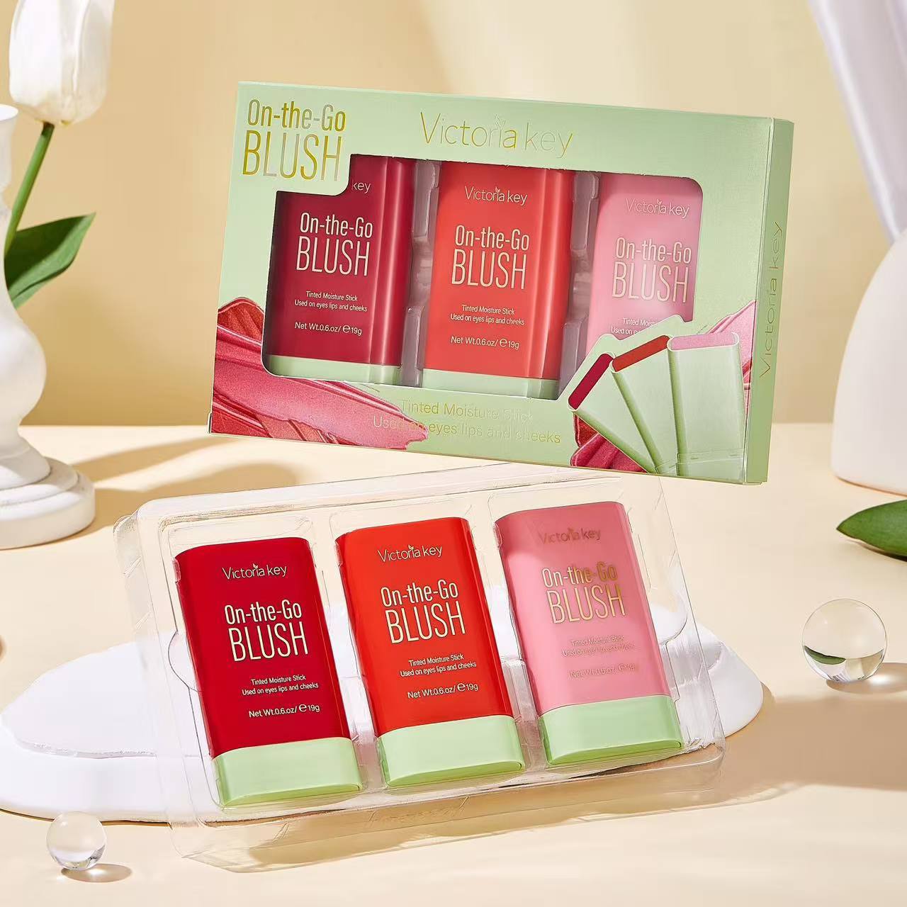 【foreign trade】 victoria key 腮紅棒套盒高光修容自然腮紅膏