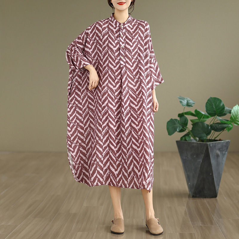 Autumn New Large-Size Foreign Trade Elegant Vintage Cotton-Linen Printed Stand-Collar Loose Long Vacation Dress