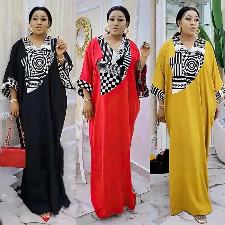 Abaya plus size muslimsk klänning med afrikanskt tryck för damer_voghion.com
