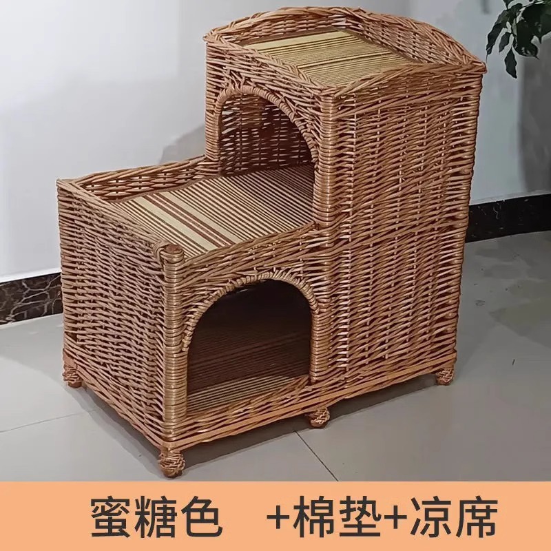 Casa de verano universal de cuatro estaciones de ratana trapezoidal tejida felina de cachorro tejida de sauce de doble capa desmontable y lavable para mascotas
