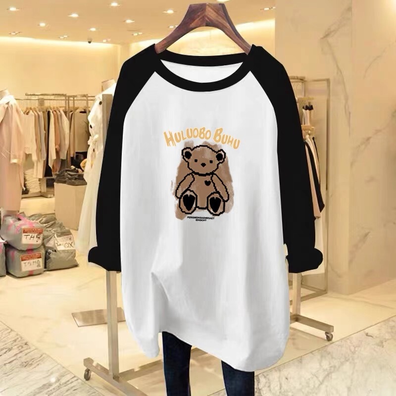 Base Layer Shirt for Spring and Autumn, Mid-Length, Covers the Hips, Color-Blocking Long T-Shirt for Women, Long Sleeves, Paired with Shark Pants Top