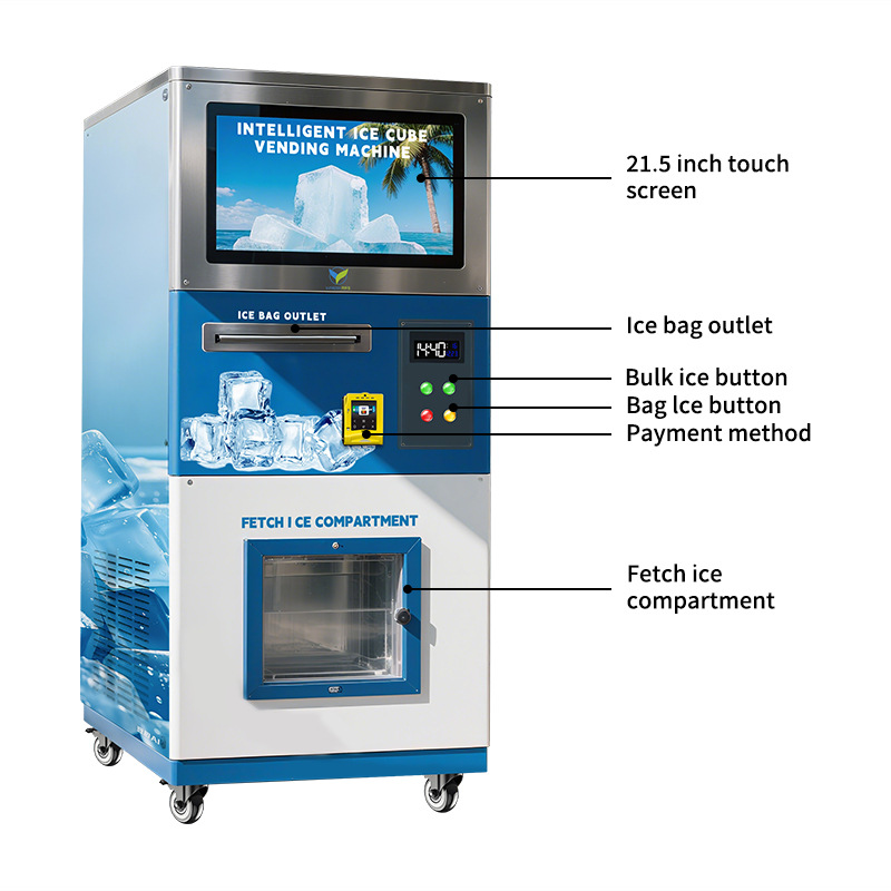 24H máquina de hielo inteligente vendedora de hielo vendedora de puesta en marcha de comercio exterior de playa de auto-servicio máquina vendedora de hielo fábrica fuente