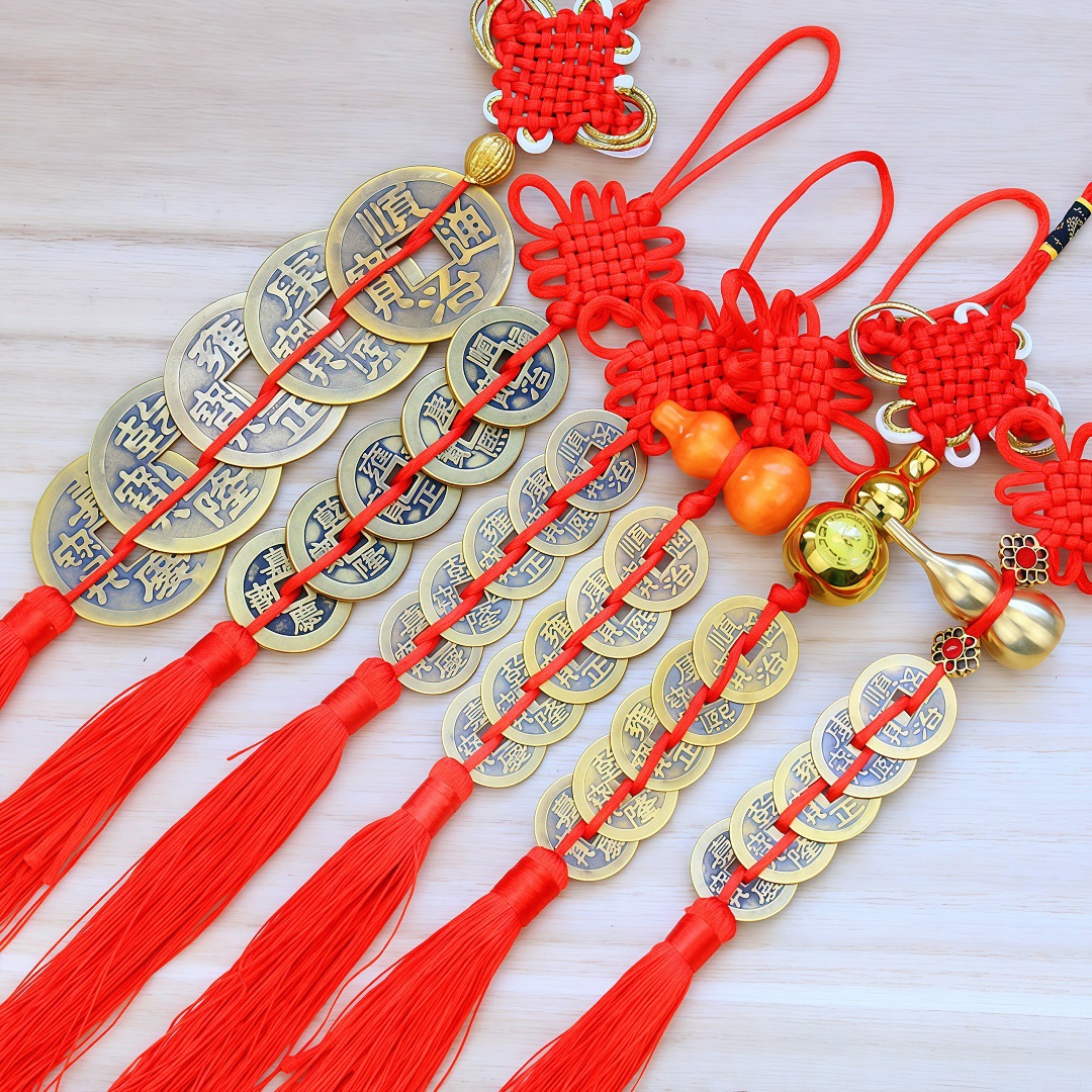 黄铜五帝钱铜钱汽车挂件开门红仿古币真铜梅花十帝钱车载挂饰礼品