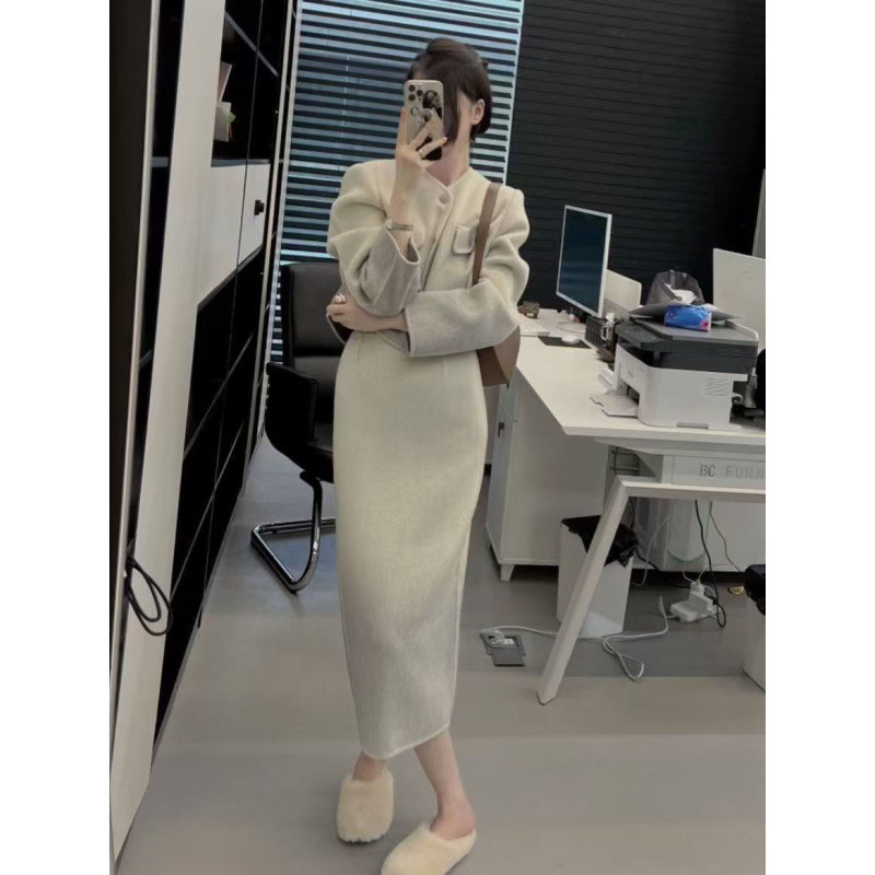 (2개) 기모 두꺼운 향기로운 스타일 세트 2024 여자 새 겨울 유지에 고급 모직 한국 드라마 재킷 투피스 세트