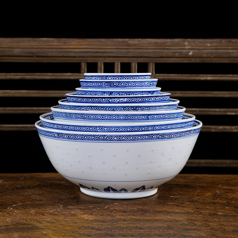 景德镇青花玲珑陶瓷米饭碗菜汤面碗家用单个复古玲珑青花瓷器餐具