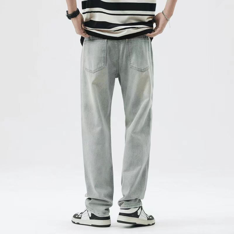 American Washed Distressed Jeans for Men, Light-Colored High Street Versatile Casual Pants for Boys, Handsome Loose Straight Pants
