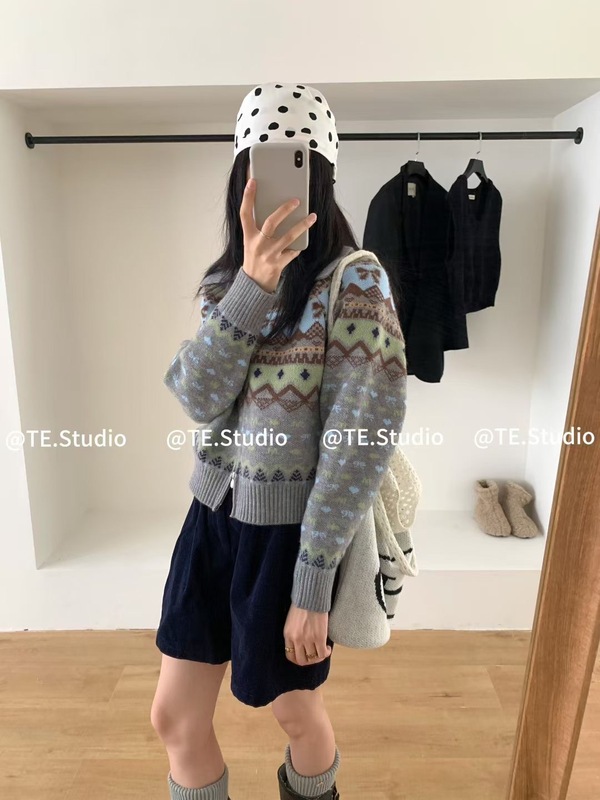 秋冬季复古短款费尔岛翻领拉链针织开衫女长袖提花毛衣外套上衣潮|undefined