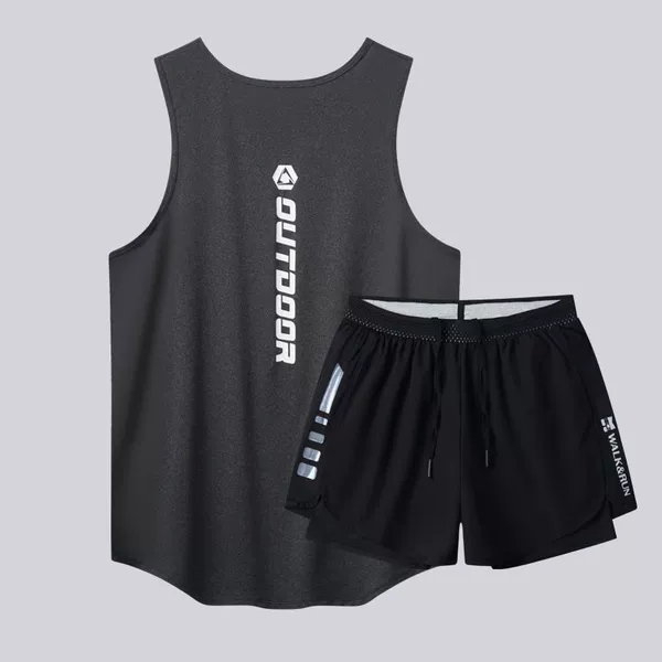 229 linen black vest + black swimming trunks