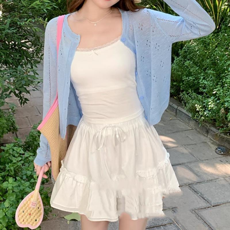 Gray Cardigan, Thin Style, New Summer Style for Women, Suspender Skirt, Sun Protection Cover-Up, Knitted Jacket, Air-Conditioning Shirt