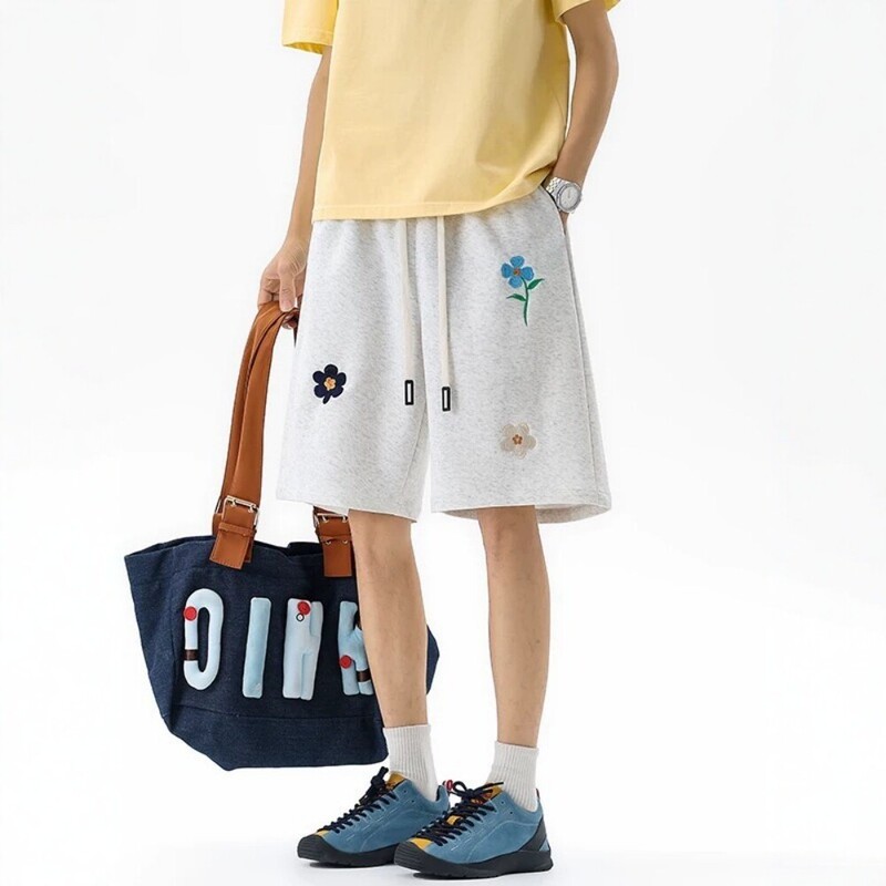 Floral Embroidery Sports Shorts for Men, Summer Loose American-Style Basketball Shorts, Trendy Heavy-Duty Casual Sweatpants