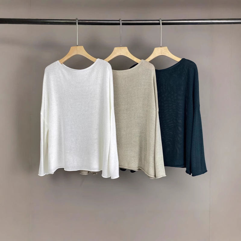 Nanyou Pengpin 25 Spring and Summer New Lp Loose Lazy Pure Color Linen Cotton Knitwear Women's Long-Sleeved Sun Protection Blouse