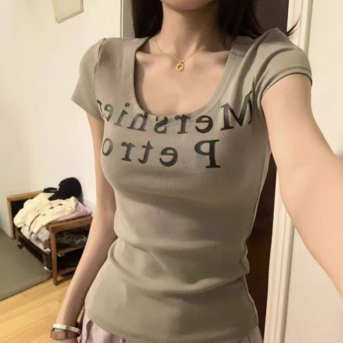 American Retro Hot Girl Letter Print U-Neck Short-Sleeve T-Shirt for Women 2025 Summer New Design Pure Desire Style Top