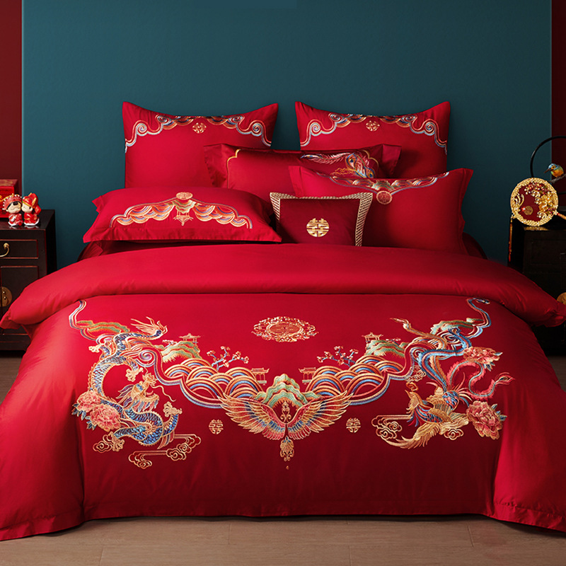 Wedding set four pieces, red double bed sheet, bedding set, wedding comforter, wedding bed, new marriage bedroom, red Nantong