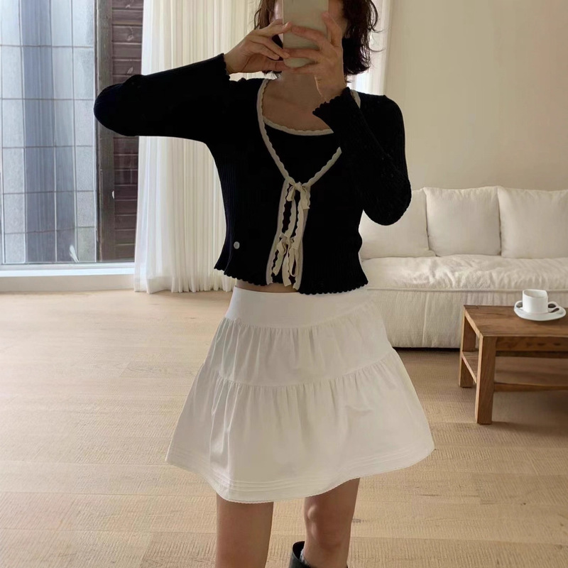 2024 [Now] Autumn New Han Dongdaemun Platb*Se Casual Small Lace Fake Two-Piece Knitted Cardigan for Women