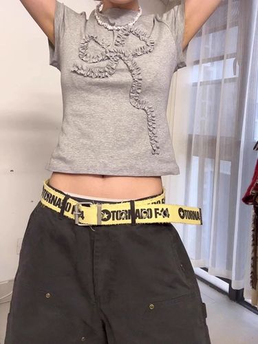 【210g 40 pieces pure cotton】Regular shoulder short-sleeved women's pleated bow tie round neck T-shirt slim-fit short top