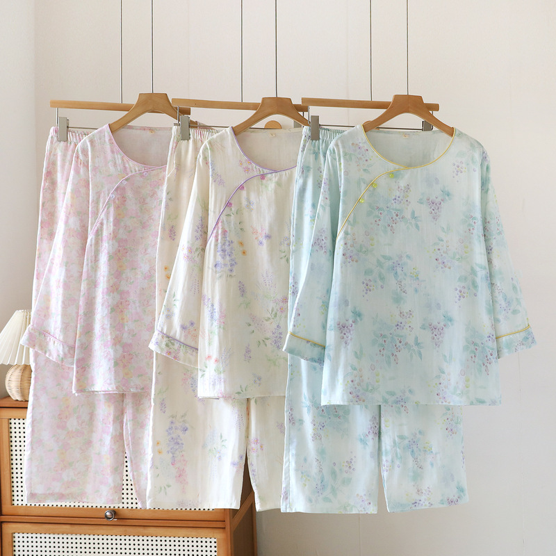 Spring, Autumn and Summer Women's Double-Layer Gauze Chinese Style Long-Sleeved Trousers New Chinese Style Cotton Women's Home Wear Pajamas Set Spring, Autumn and Summer Women's Double-Layer Gauze Chinese Style Long-Sleeved Trousers New Chinese Style Cotton Women's Home Wear Pajamas Set