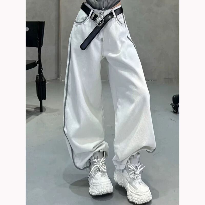American-Style Fashion Color-Blocked Striped Design Scimitar Jeans for Women, Autumn High-Waisted Loose Wide-Leg Cuffed Casual Pants American-Style Fashion Color-Blocked Striped Design Scimitar Jeans for Women, Autumn High-Waisted Loose Wide-Leg Cuffed Casual Pants