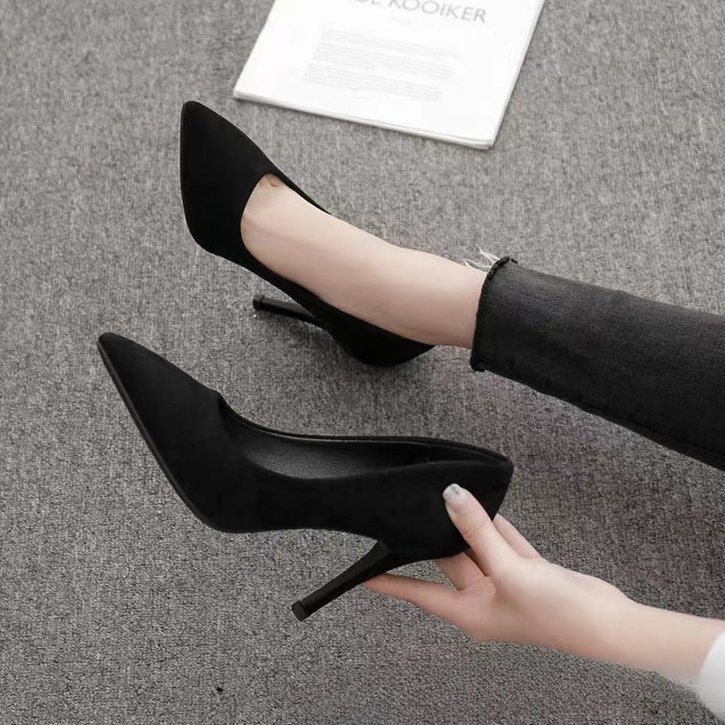 大きいサイズのハイヒール、スティレットヒール、新しい黒の尖ったつま先、春と秋の浅い口のプロの女性用作業靴|undefined