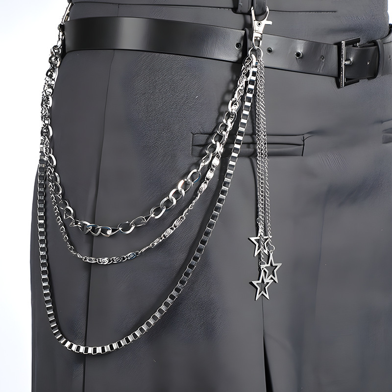 European and American Trendy Hip-Hop Punk Five-Pointed Star Pendant Tassel Jk Skirt Waist Chain Street Three-Layer Star Stylish Accessories