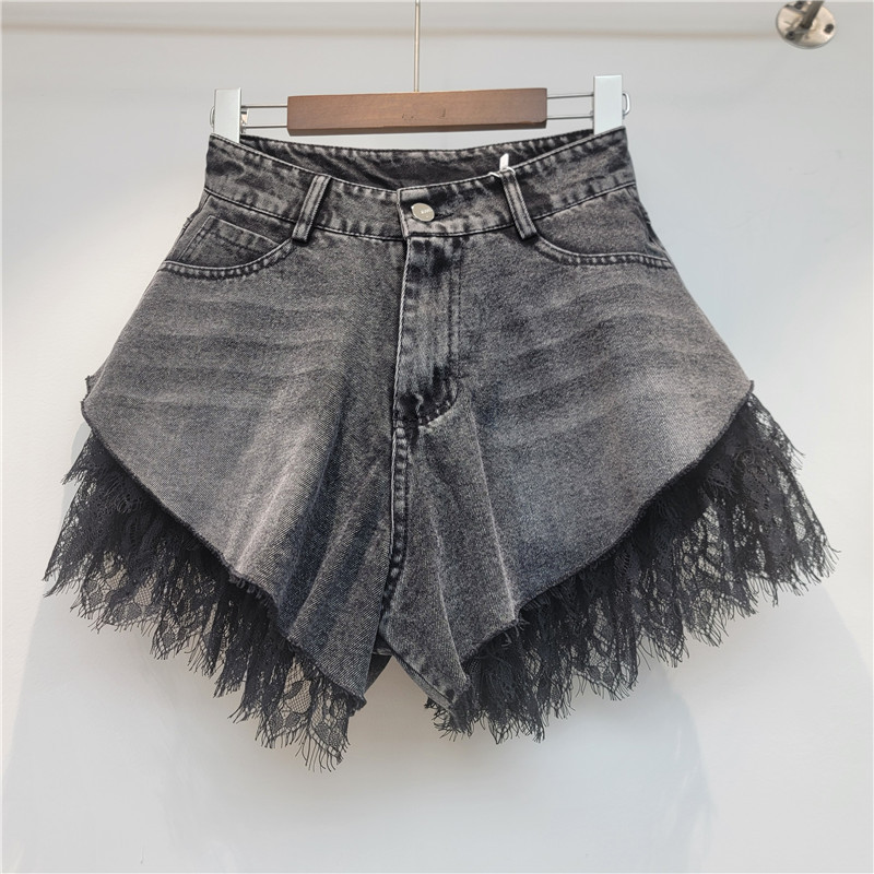 Pantalones Cortos de Mezclilla con Encaje de Denim y Poliéster de Cintura Baja