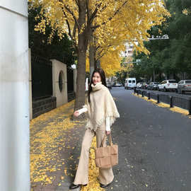韩系杏色高领流苏披肩斗篷毛衣女早秋季高级感慵懒宽松不规则上衣