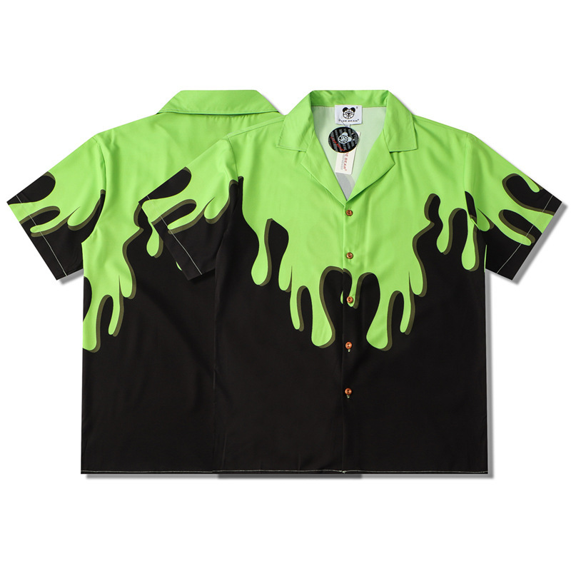 2021 Cross-border Casual European and American High Street Hawaiian Shirt Green Paint Full Printed Beach Cardigan Short-sleeved Men