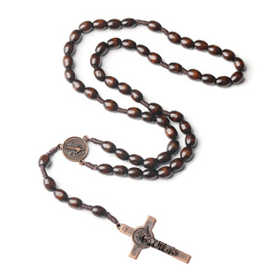[In stock] Cross rosary necklace handmade 8*10 wooden beads brown beaded prayer cross-border jewelry wholesale